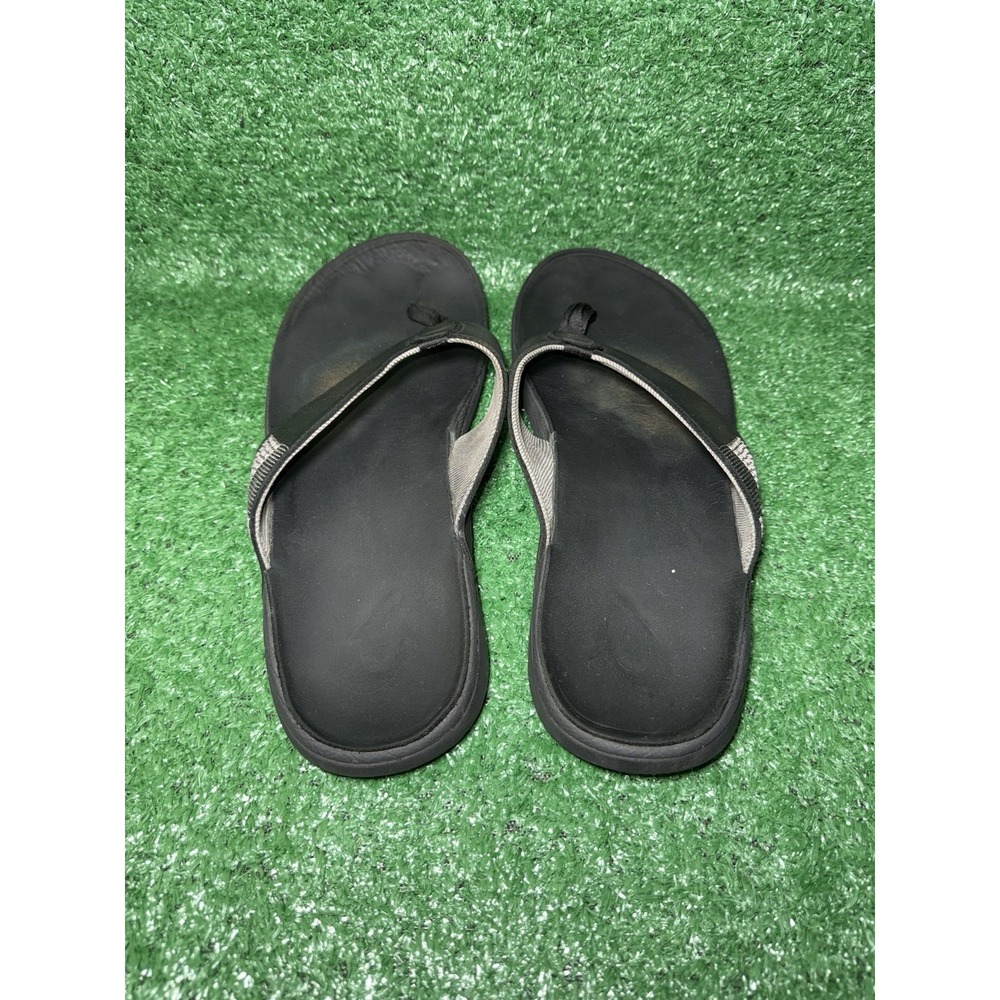 OluKai Tuahine Mens Size 13 Leather Black Beach Flip Flops Sandals Thong Slip On - Picture 6 of 8
